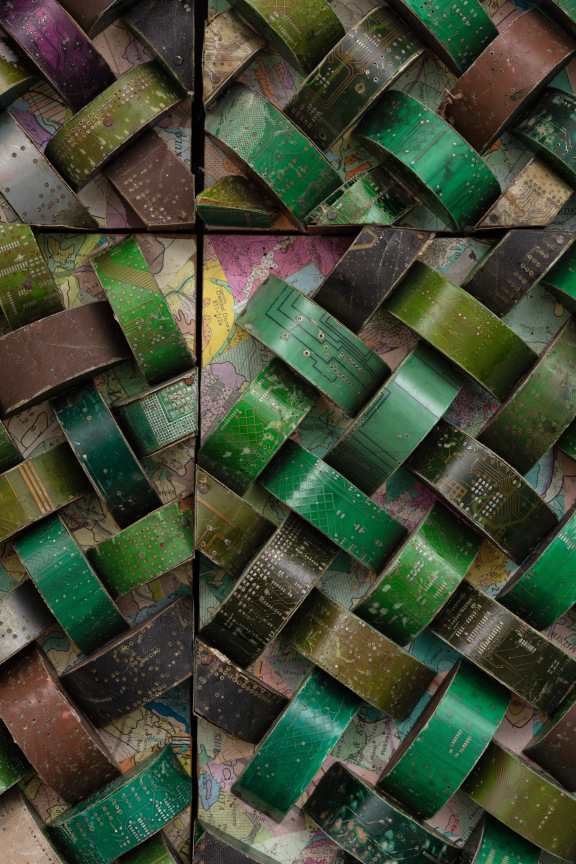 close up of woven electrical components