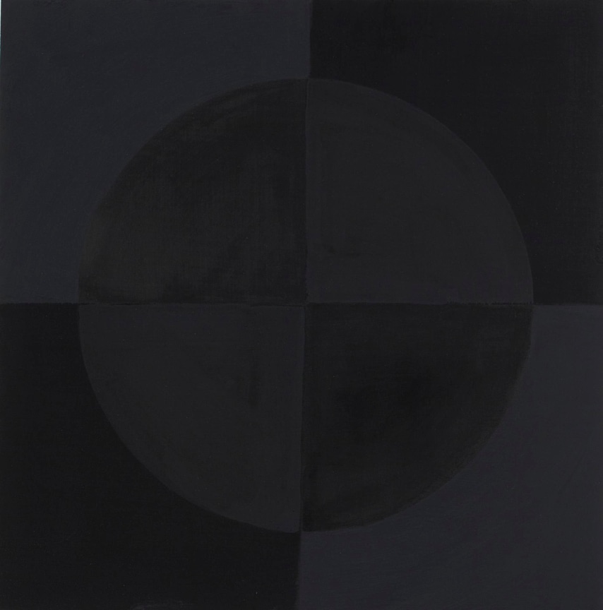 Abstract painting divided into four squares with a circle in the middle