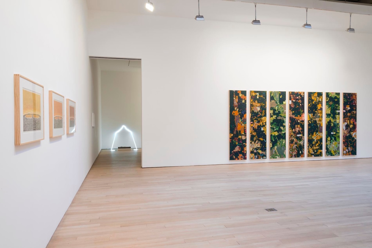 Installation view of several artworks