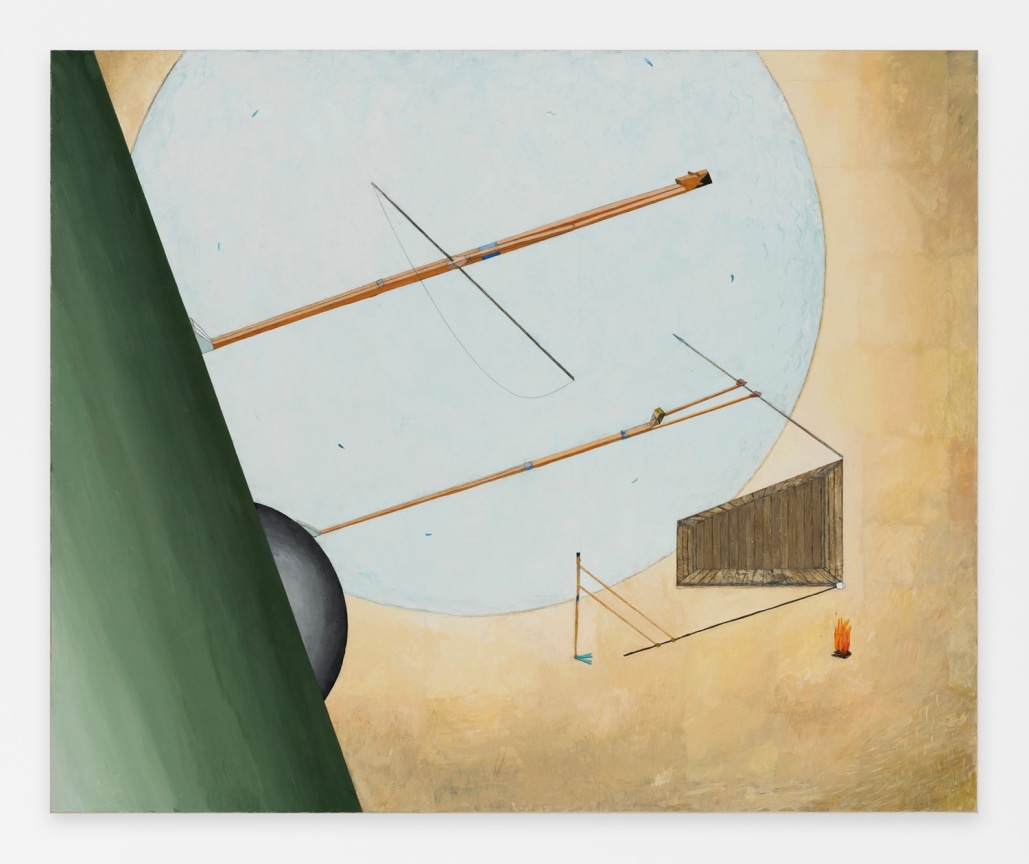 Two elongated pole-like figures fishing in anti-gravity positions and one toasting marshmallow on bonfire in far distance