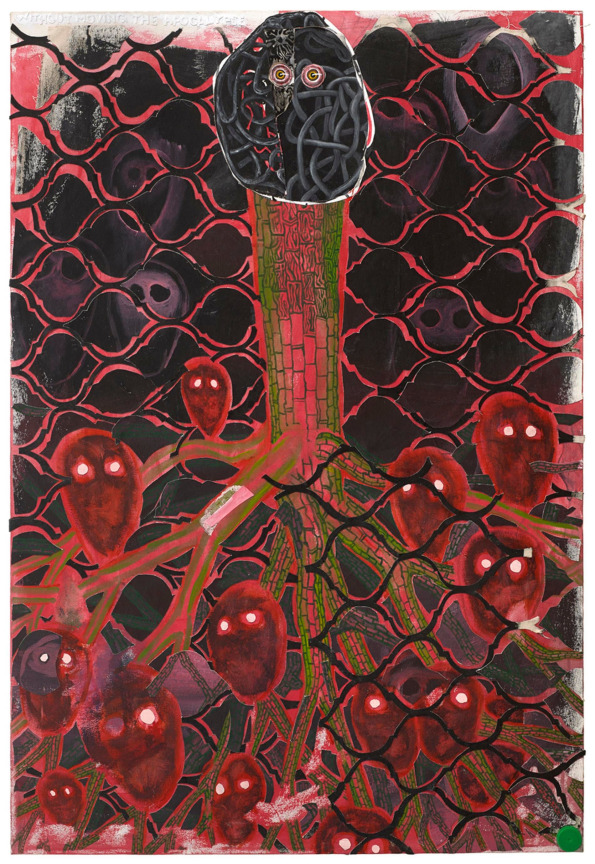 , TRENTON DOYLE HANCOCK,&nbsp;Without Moving the Apocalypse,&nbsp;2013, acrylic and mixed media on canvas, 53 x 36 in.