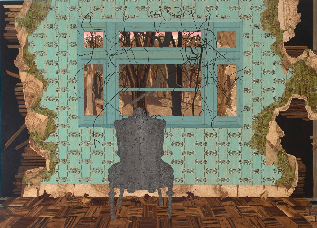 an abandoned home interior with peeling wallpaper and skinny branches reaching through the window; a single silver chair decorates the space