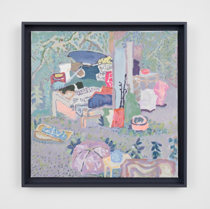 scene depicts a bed outdoors surrounded by several almost unidentifiable objects in paster colors