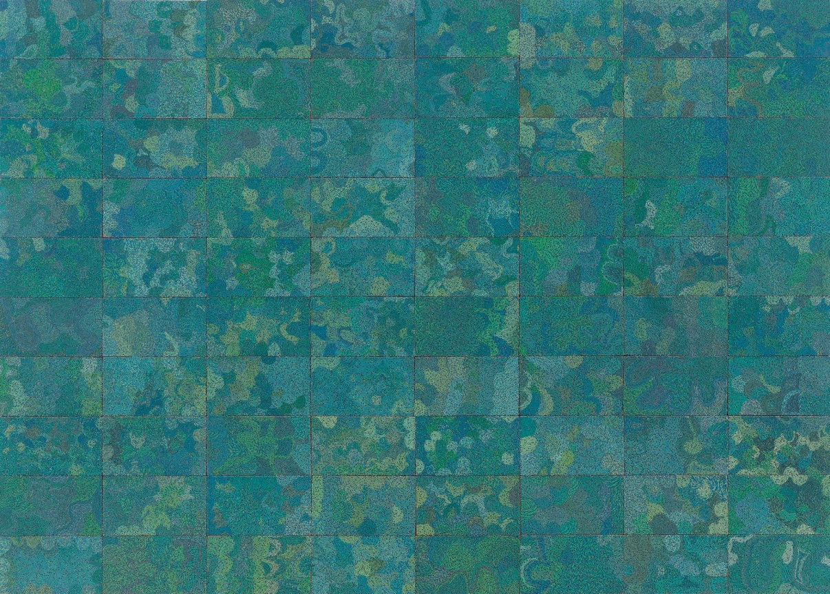 green and blue swirl pattern composed of electrical components