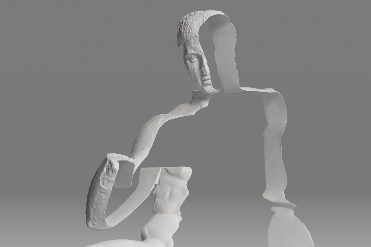 A detail of silhouette of a seated male figure, the Dionysus from the East Pediment of the Parthenon, made out of bronze