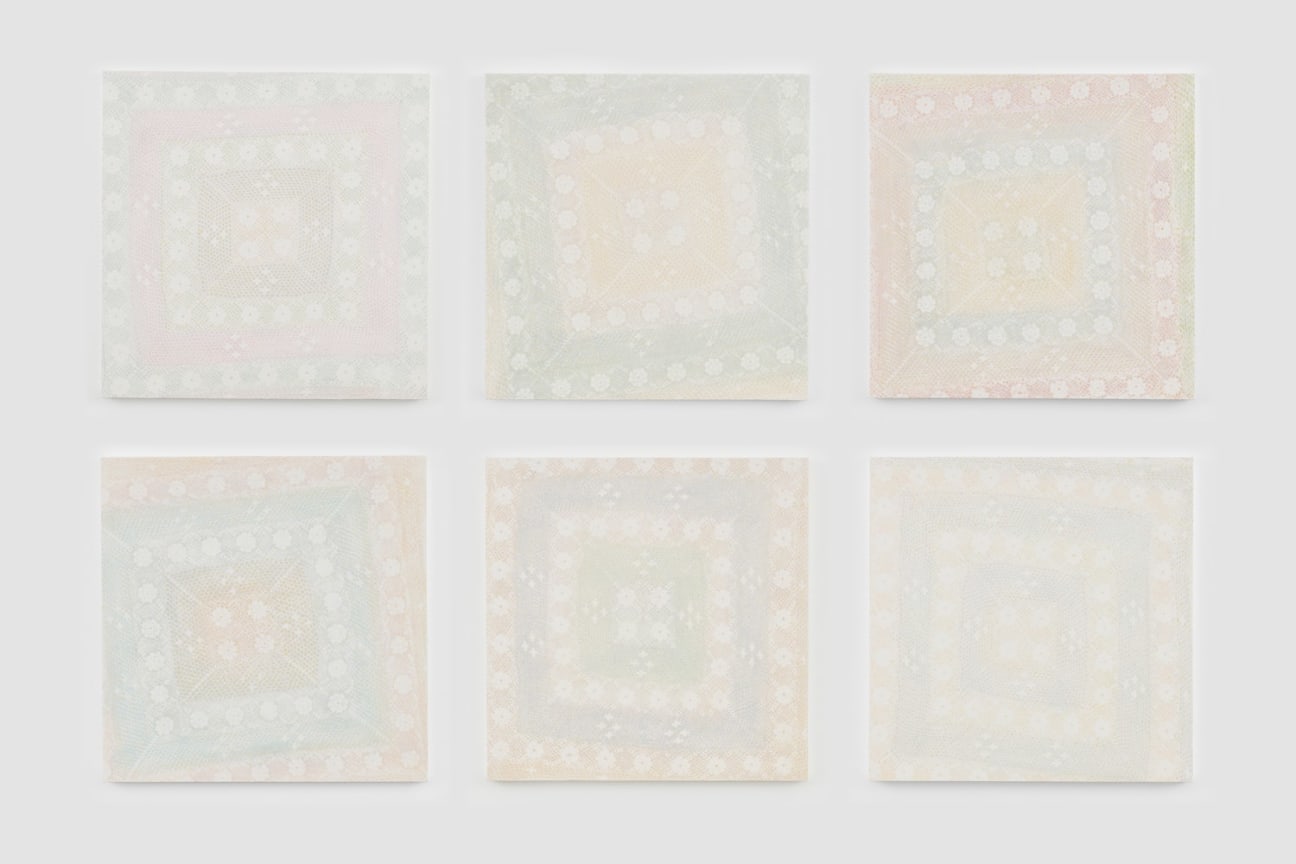 six canvases with very light pastel colors