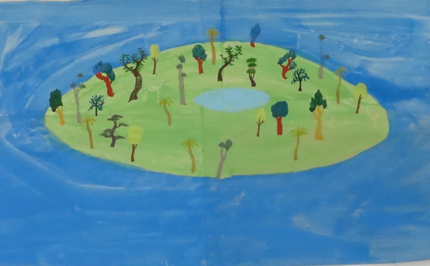 a minimalist, green island with different kinds of trees and body of water in the center