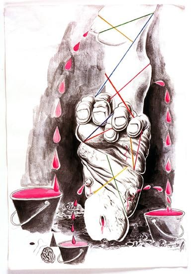 giant food tied up, releasing pink liquid onto buckets