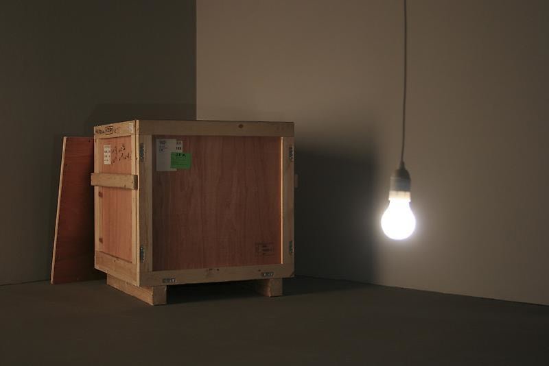 a wooden crate and a lightbulb
