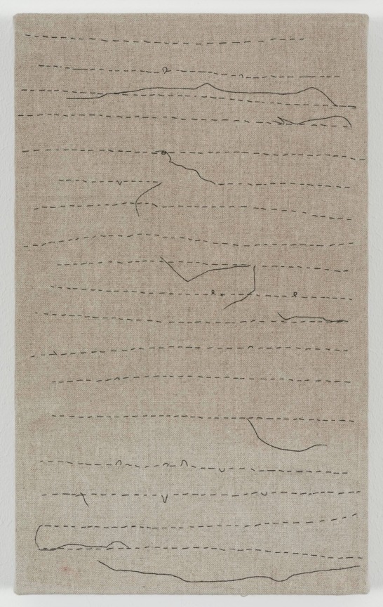 painting of horizontal stitching with loose strands