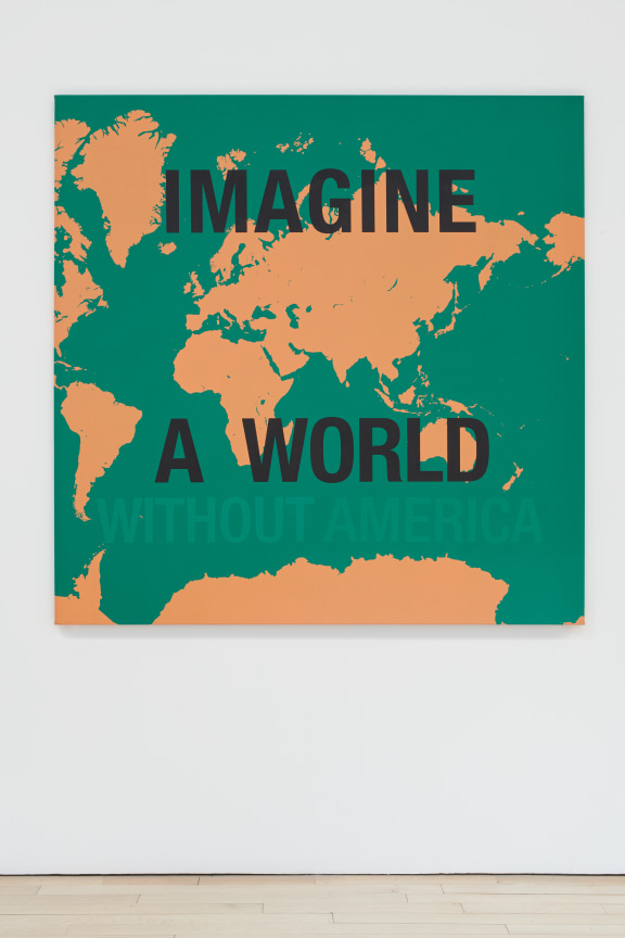 world map cutting out the United States with large text