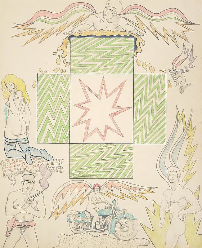 Image of ROBERT SMITHSON's Untitled [Zig zag star center and microscope with wings], 1964