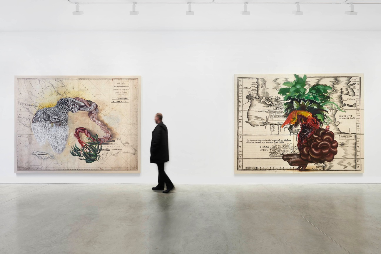 figure in front of two paintings