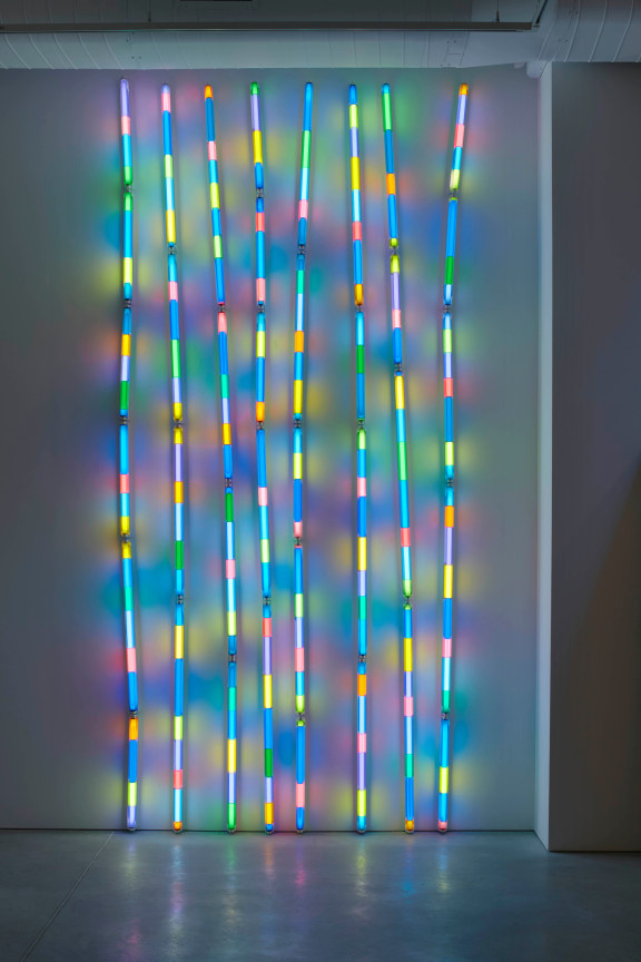 Flourescent fixtures and filters mounted on wall