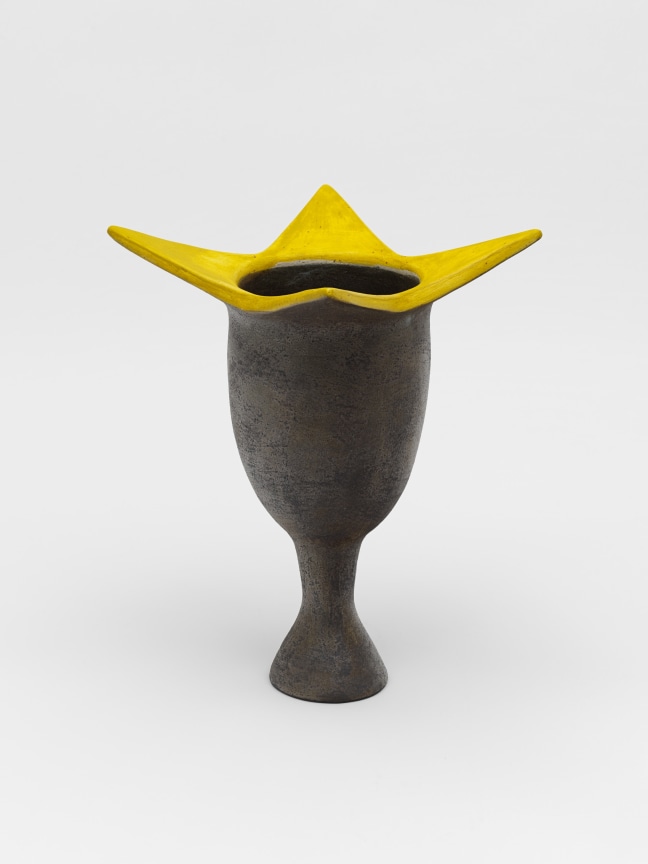 WAYNE NGAN, Dark Metallic Glaze with Yellow Top Seed Pod Sculptural Vase, c. 2010s