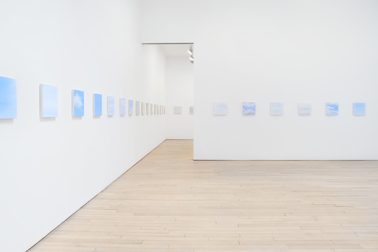 installation view of several square canvases in a row