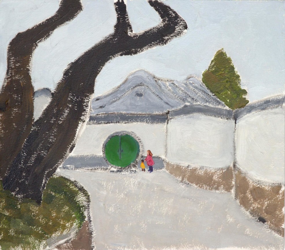 a mother and child standing next to a round, green door in the distance