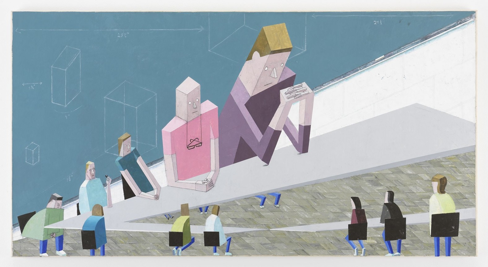 People ponder in front of a blackboard with cubes drawn on it