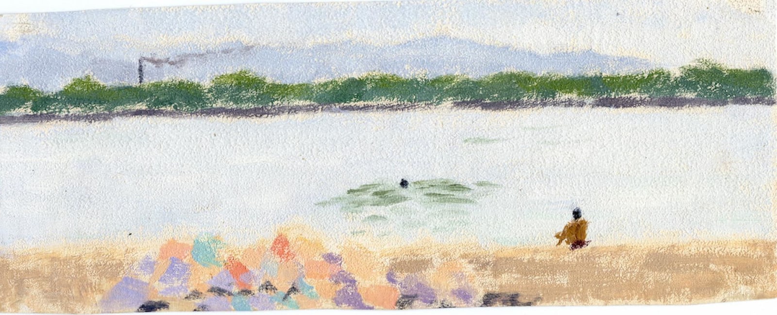 figure sitting down and looking over a river with a green house gas tower in the distance