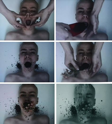 a person whose mouth is being stuffed with dirt and plants