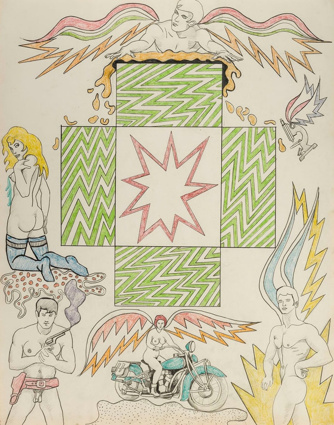 sound effect bubble enclosed in rectangles with green zigzag lines surrounded by nude figures