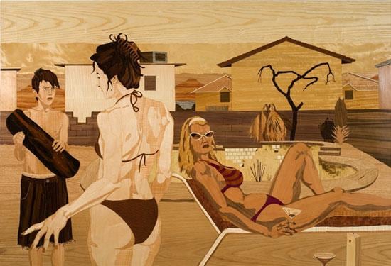 people in a common swimming area; plants in the background are dead