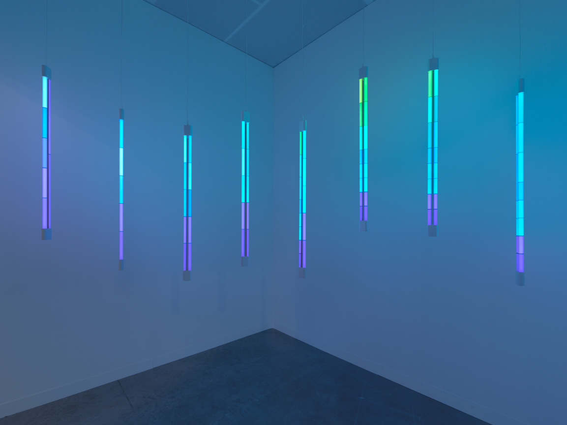 8 Hanging, filtered, LED Fixtures.