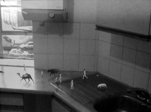 tiny animals and people walking on a kitchen countertop