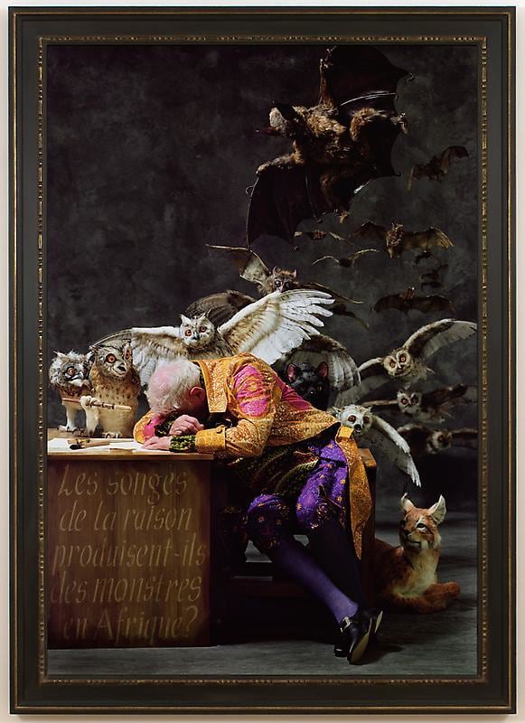 white man asleep on his desk with several animals behind him