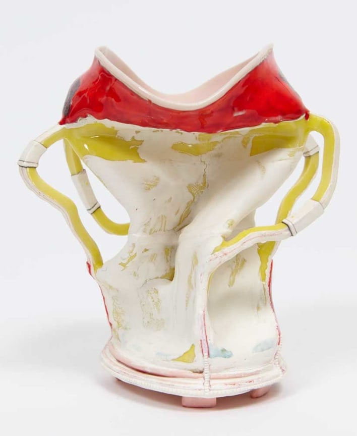 Twisted clay pot with organically-shaped handles by Kathy Butterly.