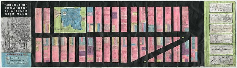 A collaged panel of cut up maps and book covers by SIMON EVANS&trade;.