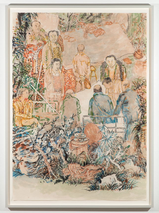 Eight neighbors gathering around two tables in a garden