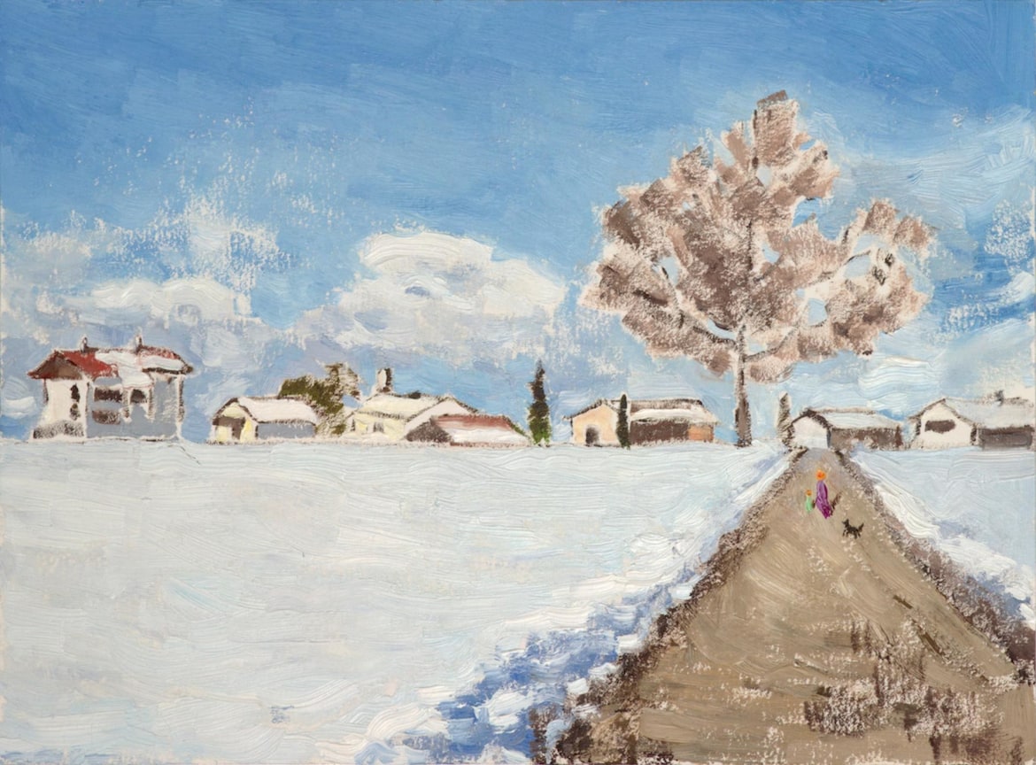 snowy landscape with a village in the distance