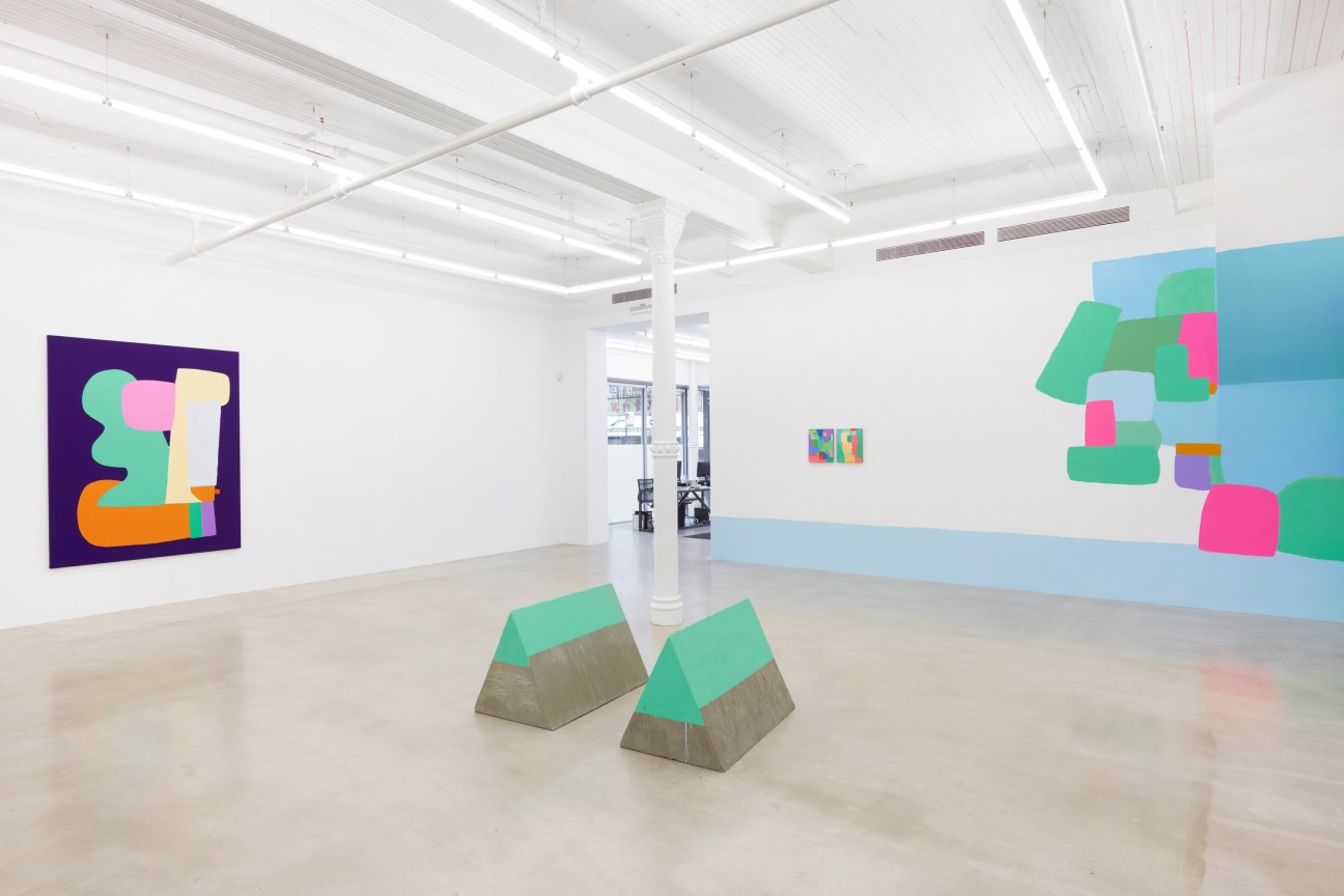 view of Federico Herrero's &quot;Volume&quot; exhibition, featuring four paintings and a sculpture