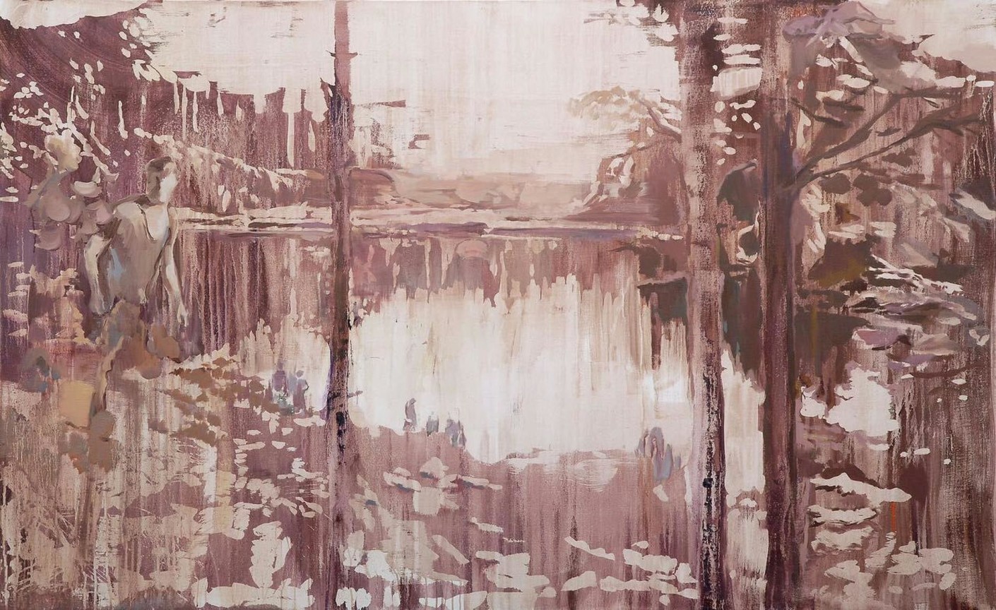 landscape of a lake in a pinkish gradient