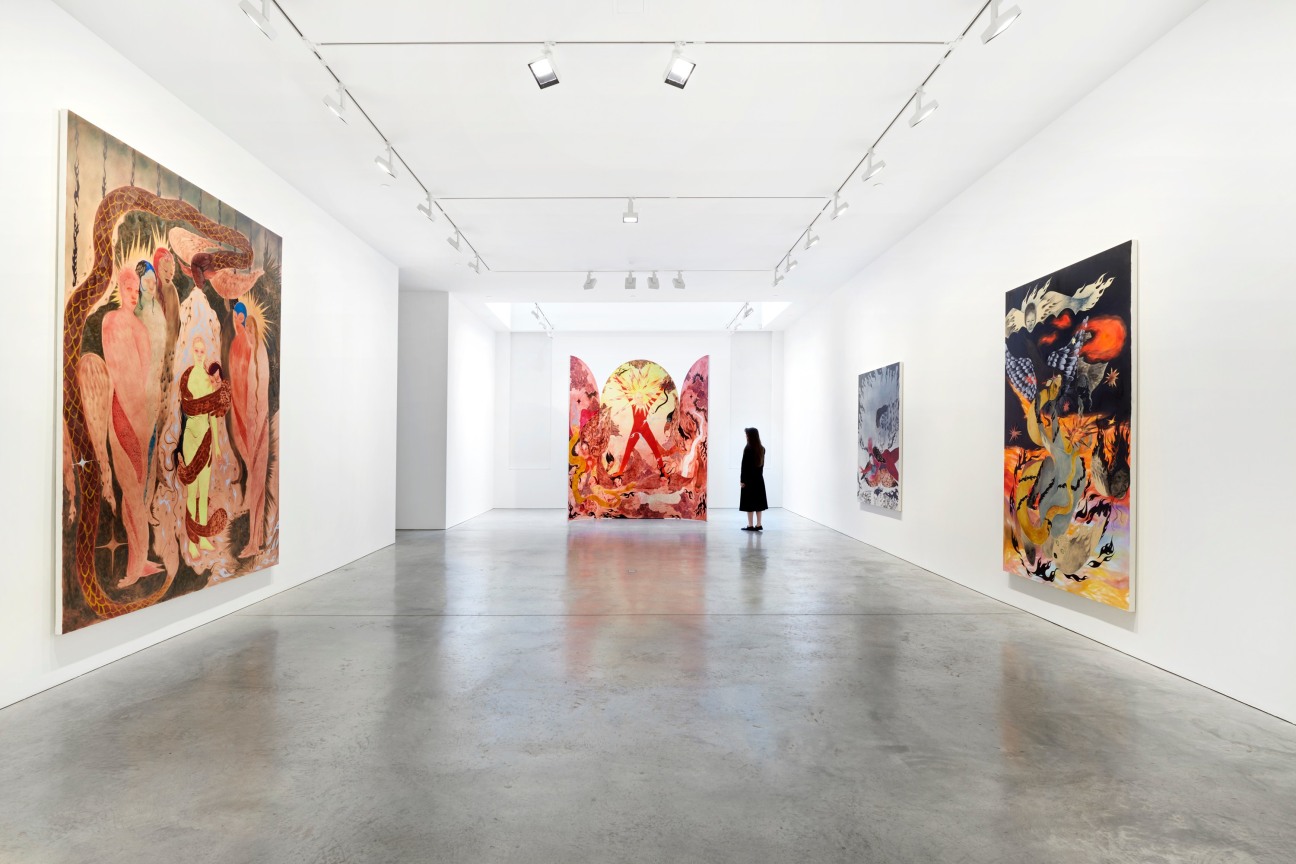 long gallery with several artworks