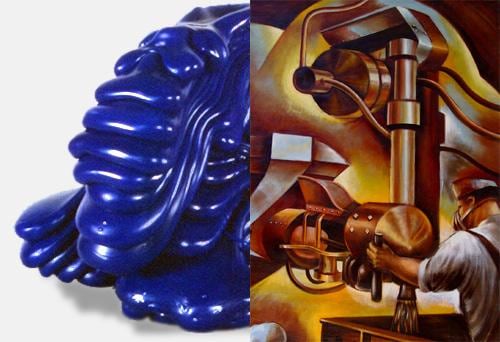 blob of color next to a painting of machinery