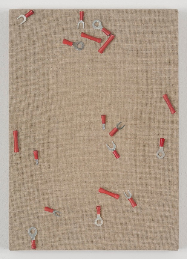 painting of small, red, metal structures scattered across the linen surface