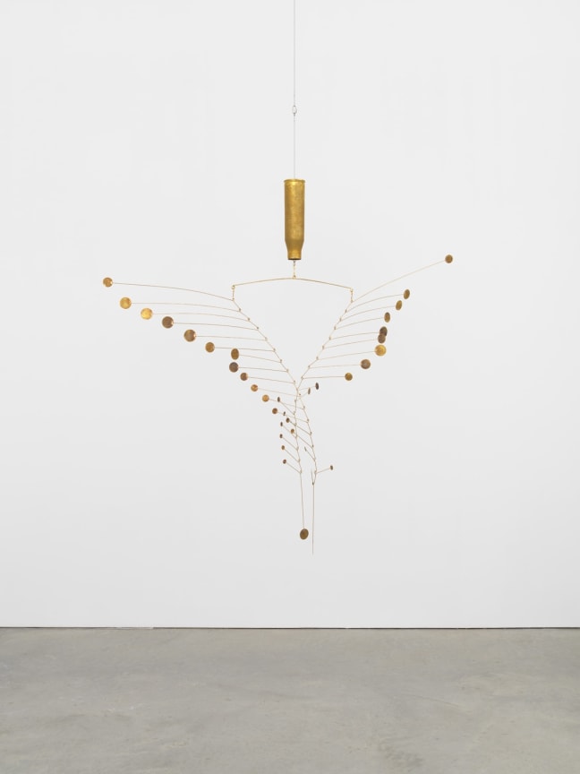 Image of a Tuan Andrew Nguyen 57mm brass artillery shell (F5, 685 Hz), stainless steel cable with attached wooden mallet, brass from pounded artillery shellwork