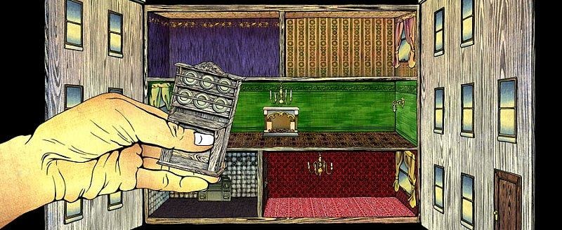 hand holding a miniature pantry looking to place it within an open dollhouse-like building