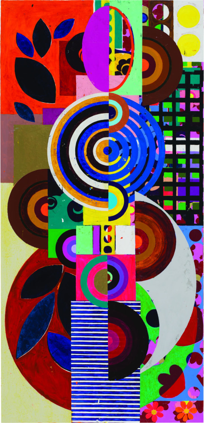 amalgamation of grids, circles, flowers, and colors