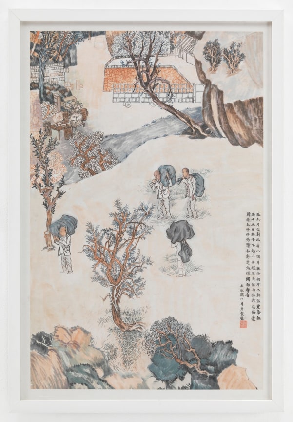 Four men carrying sacks overlook at rural houses from a hill