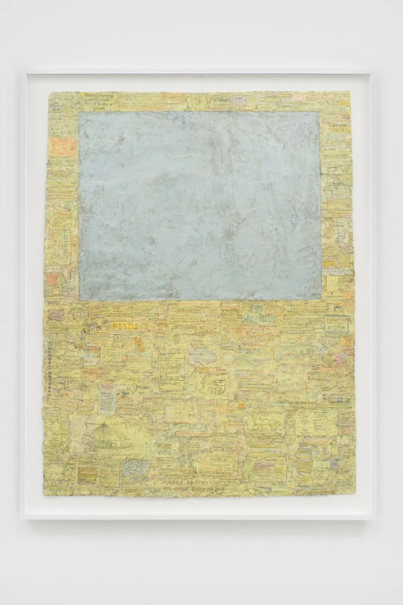 Grey square set into pale yellow field of text handwritten on strips of paper by SIMON EVANS&trade;.