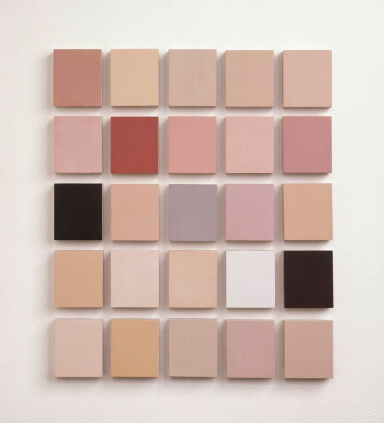 Twenty-five panels of skin-toned colors constituting an abstract portrait of the artist's son Emmett