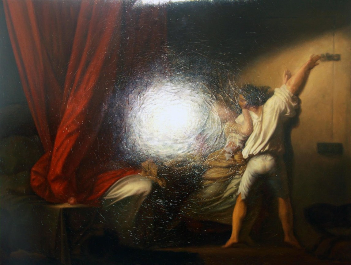 An oil painting that employs trompe l'oeil. The optical illusion makes it look as though a very bright line is shining on the scene