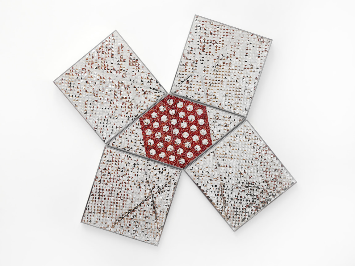 Geometric Reverse-Glass Sculpture Mounted on Wall with Painted Details by MONIR SHAHROUDY FARMANFARMAIAN