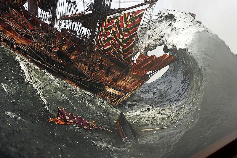 close up of ship encased in glass