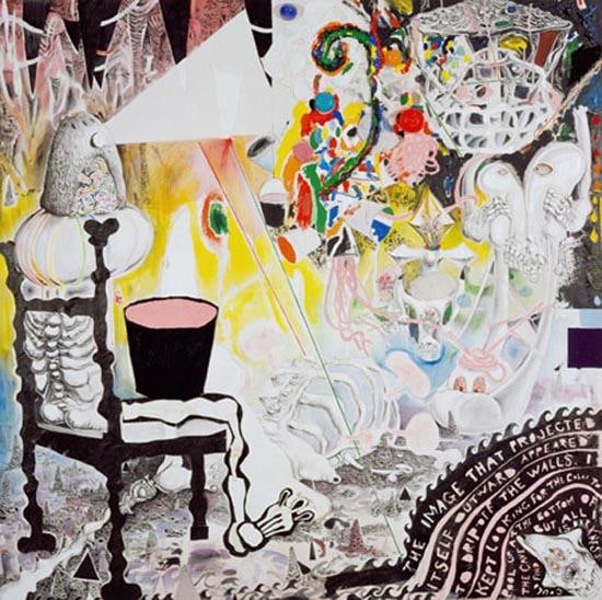 many strange anthropomorphic creatures and abstract components in one artwork