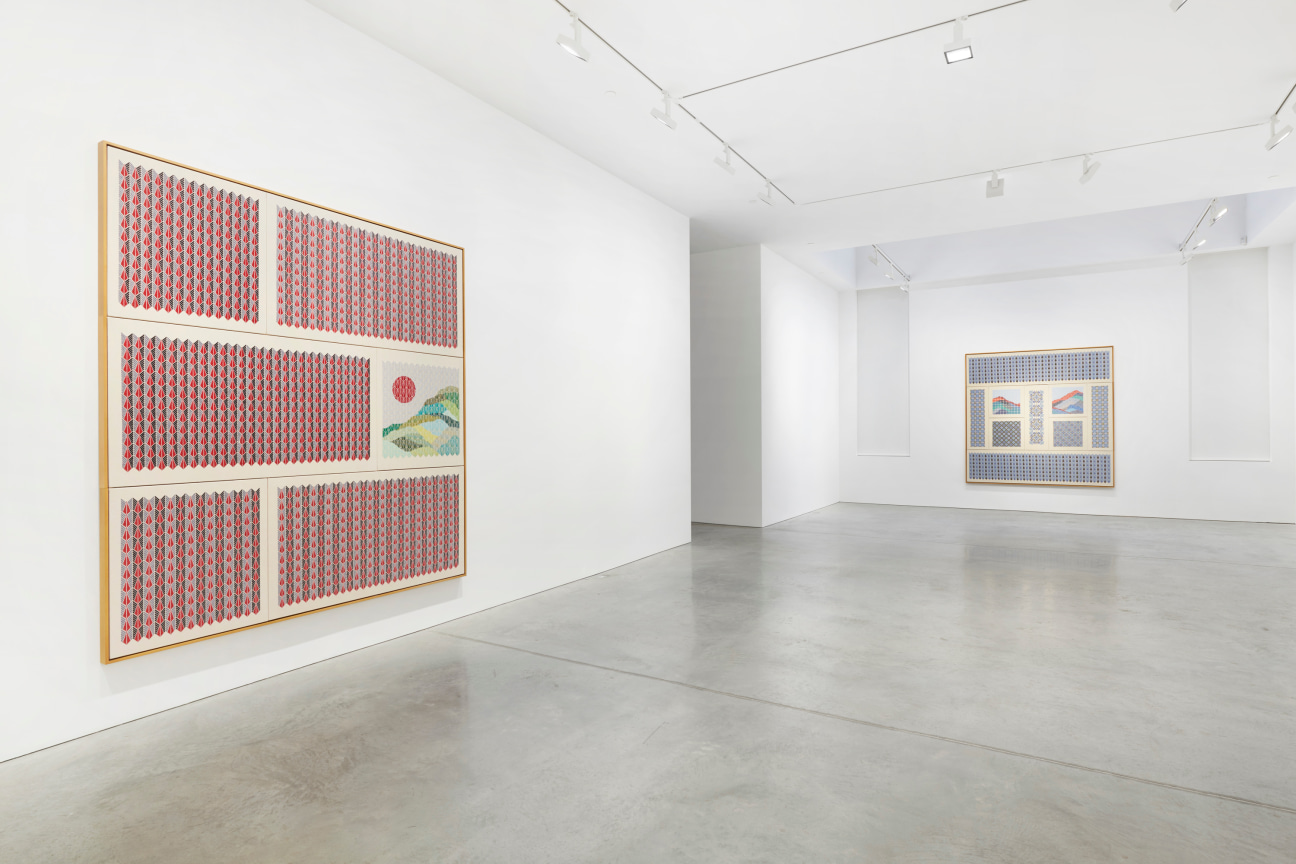 view of two large embroidered works