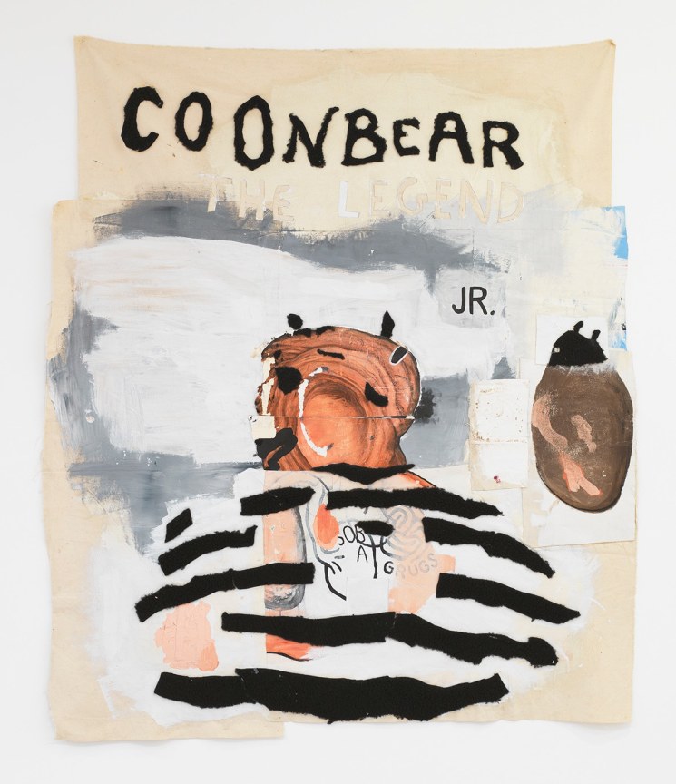 Acrylic and mixed media on canvas with a racial slur written on it